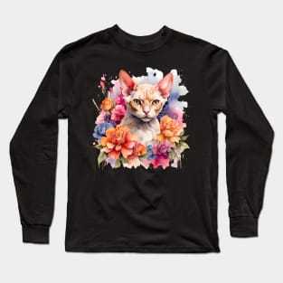 A devon rex cat decorated with beautiful watercolor flowers Long Sleeve T-Shirt